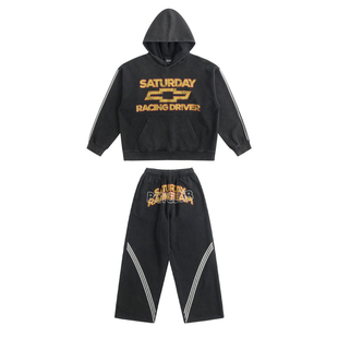 周六街头少年儿童街舞演出服男女通用连帽卫衣套装黑色复古