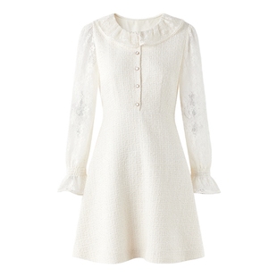 秋水伊人白色小香风长袖连衣裙2026春季新款荷叶边圆领蕾丝袖裙子