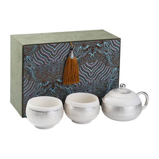 冰种羊脂玉百福鎏银茶壶家用功夫茶具套装中式主人杯高端节日送礼