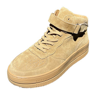 高帮翻毛牛皮系带圆头板鞋2024秋冬新款黄色空军增高厚底韩版男鞋