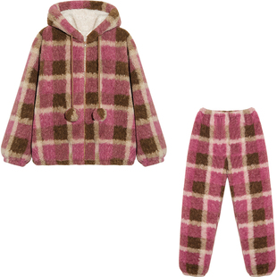 Bananagirl睡衣女款冬季新款加厚加绒简约格子珊瑚绒家居服冬天女