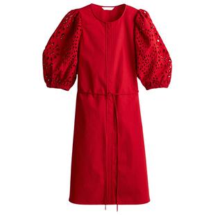 HM女装花卉连衣裙冬季法式镂空刺绣泡泡袖褶皱裙1275625