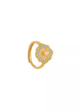 新中式沙金珐琅彩珍珠开口戒指