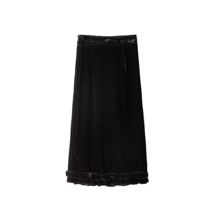 高定 优雅木耳边真丝丝绒半身裙女小黑裙侧开叉新中式a字裙半裙春