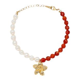 折扣款RoundFace 夏日系列 红玛瑙天然珍珠花朵手链高级感小众