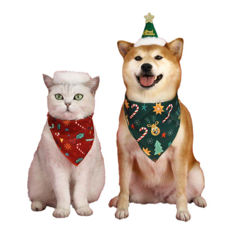宠物新款猫咪狗狗印花三角巾圣诞围兜围脖毛毡立体五角星帽子套装