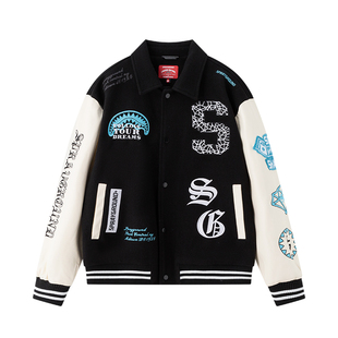 SprayGround鲨鱼嘴美式刺绣翻领棒球服夹克男女加绒加厚保暖外套