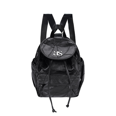 REOY Stu”ason韩版as金属标复古做旧机车软皮车缝线抽绳双肩包