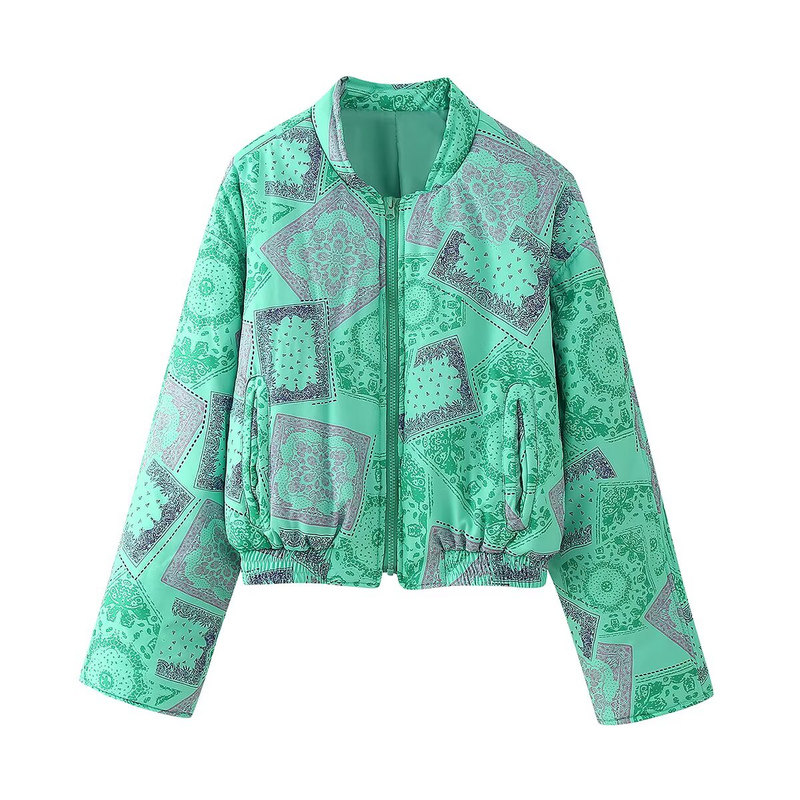 气质百搭撞色印花拉链棉服外套