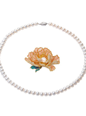 高端天然淡水珍珠项链妈妈款牡丹花胸针套装颈链礼物送长辈实用