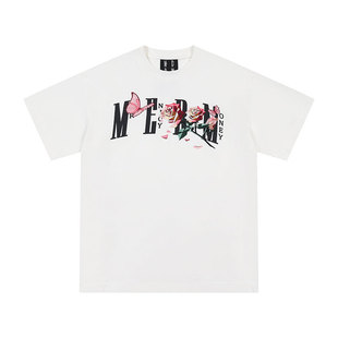 MEDM 折纸切片玫瑰蝴蝶刺绣短袖T恤男女同款夏季美式复古宽松半袖