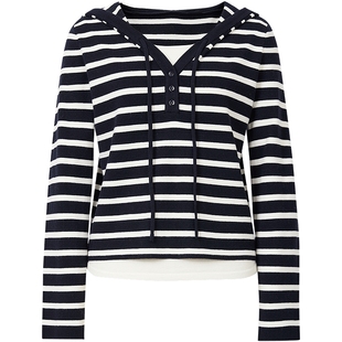 【会员专享】红袖2025冬新款女装假两件撞色条纹拼接连帽针织衫