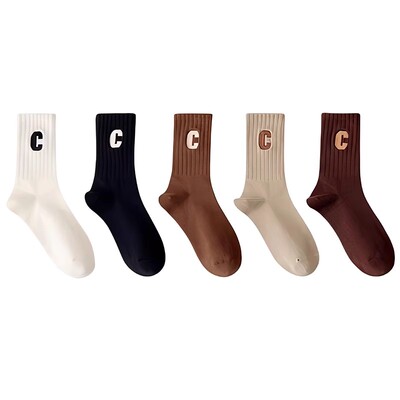 100双C字母中筒袜子男款防臭吸汗涤棉透气运动休闲潮袜情侣袜子女