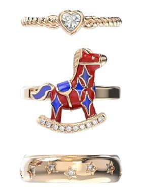 LAZYSURI懒苏芮星运福马三合一戒指女款开口珐琅叠戴组合新年红色