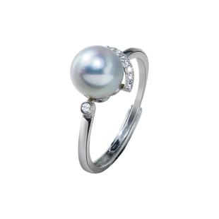 KEZ真多麻海水银蓝akoya珍珠戒指女925银开口可调节指环女友礼物