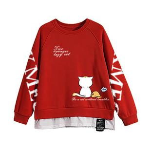 加绒加厚中长款圆领卫衣女秋冬季新款宽松长袖外套洋气假两件上衣