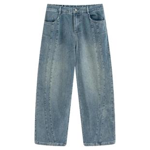 流石男装个性拼接耐磨牛仔裤2025年秋冬季男士宽松做旧水洗阔腿裤