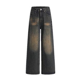 美式复古水洗做旧黄泥牛仔裤男秋冬宽松直筒垂感阔腿vintage裤子