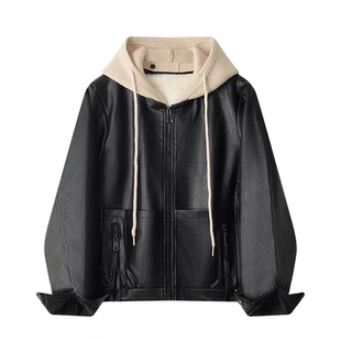 美拉德针织拼接连帽皮衣外套女可拆帽2025秋冬加绒保暖宽松皮夹克