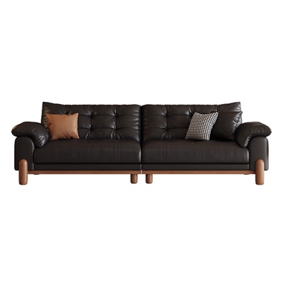 中古风客厅真皮沙发复古头层牛皮2026新款小户型云朵黑色实木沙发