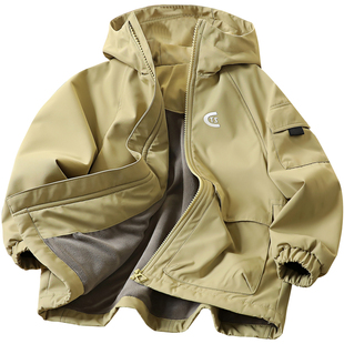 男童百搭薄绒连帽冲锋衣2025秋冬季儿童拉链衫中大童加厚防风外套