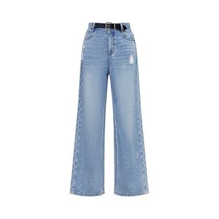 FF仿佛牛仔裤2025年夏新款浅春系磨烂水洗女高腰阔腿直筒天丝裤子