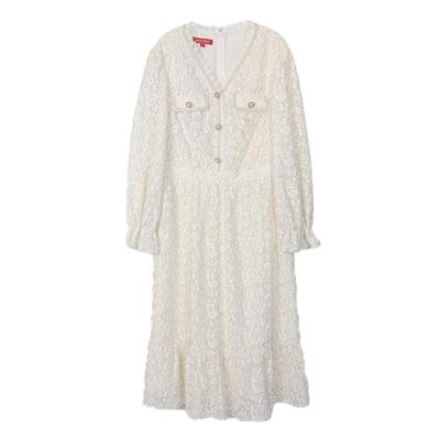 【关注领券】BuouBuou新中式V领珍珠扣蕾丝连衣裙女初秋DJ3G029