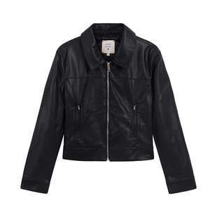 OTHERSTORE 荒野嬉皮士 黑色翻领皮质外套女百搭直筒短款夹克上衣