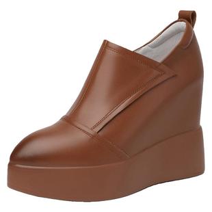 12cm棕色内增高女单鞋里外真皮春季厚底侧拉链尖头透气高跟小皮鞋