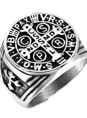 男钛钢不掉色复古十字架印章戒指