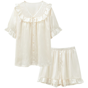 思莉太太冰丝睡衣女夏款夏季纯欲夏天女款带胸垫短袖短裤法式套装