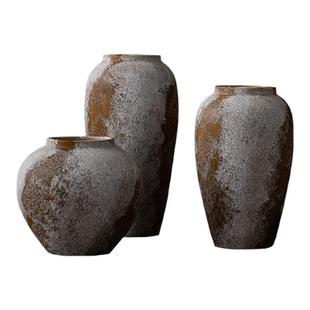 新中式侘寂风装饰品摆件斑驳老旧粗陶罐玄关电视柜插花陶瓷大花瓶