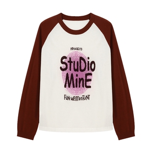 Basic House/百家好拼色字母针织衫2026春新款插肩袖圆领套头上衣