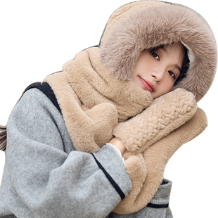 小熊帽子围巾手套一体帽冬季骑行加厚保暖三件套防寒连帽毛绒围脖