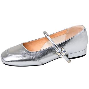 Safiya索菲娅2025新款法式绝美钻扣时尚百搭浅口银色玛丽珍单鞋女