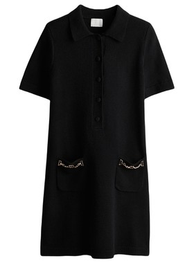 HM女装连衣裙夏季千金风小黑裙链饰毛针织POLO裙翻领短裙1263633