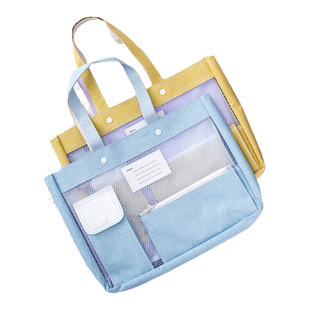 学生手提袋拎书袋初中生帆布袋男女孩作业文件袋补习班补习袋多层大容量学习拉链式补课包帆布加厚防水收纳袋