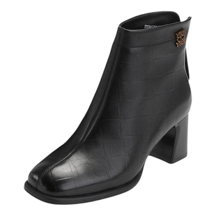 意尔康女鞋冬季新款羊皮女靴粗跟高跟气质时尚百搭加绒加厚短靴子