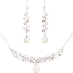 在逃公主蕾丝微笑法式复古强光天然珍珠通体纯银淡紫宝石项链耳环