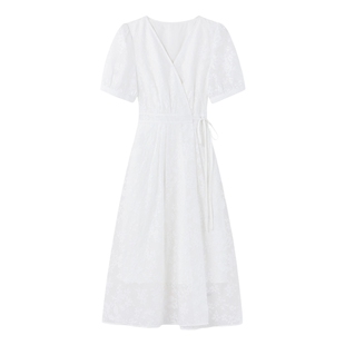 秋水伊人V领连衣裙2026夏季新款女装休闲中长裙白色海边度假裙子