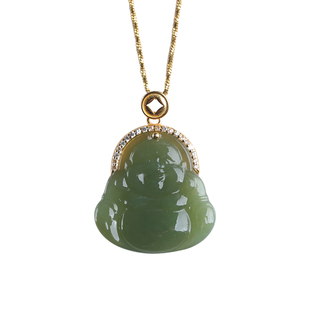 《禧遇》和田玉石佛公吊坠女款弥勒佛金镶玉翡翠项链送妈妈玉坠