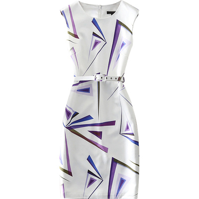 2026春夏新款高端气质女装修身收腰包臀腰带礼服裙无袖印花连衣裙