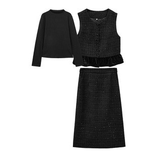 IEF/爱依服【微胖】时尚套装2025秋冬新款长袖衫马夹半身裙三件套