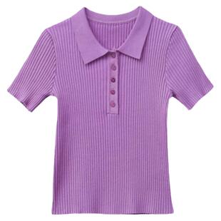 夏季polo领短袖t恤女短款修身 冰丝针织衫高腰百搭翻领小个子上衣
