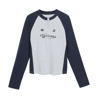 欧尼不胖2026美式复古撞色插肩袖长袖t恤春款微胖mm收腰显瘦上衣