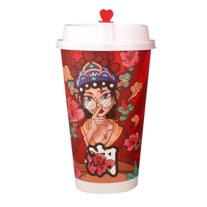 2025新年蛇年生威奶茶纸杯子咖啡热饮700ml带盖国潮金箔商用定制