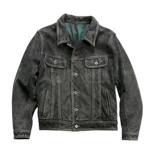 风暴骑士夹克阿美咔叽复古做旧真皮皮衣男牛仔加大码古着磨砂牛皮