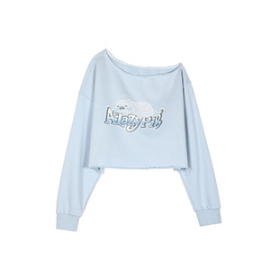 ALazyPig斜肩印花卫衣秋季新款女圆领长袖短款宽松休闲上衣