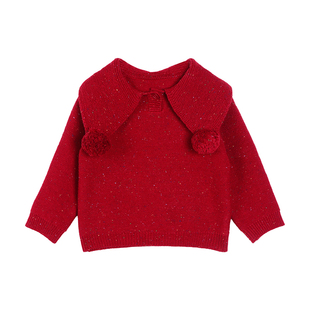 小O宝童装 宝宝大翻领红色毛衣女2026冬女童新年超好看针织衫上衣