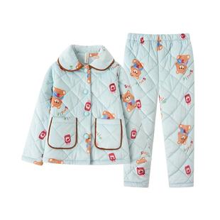 芬腾-女童睡衣冬季新款加绒加厚女孩三层夹棉家居服套装可外穿